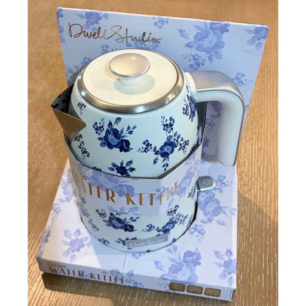 DwellStudio Electric Water Kettle 1.7L Blue Floral Stainless Steel 1500W New